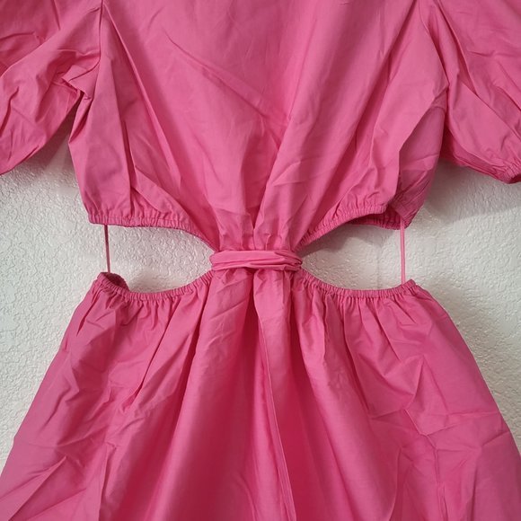 Women's English Factory Puff Sleeves Pleats with Cut Out Mini Pink Dress Sz SM - Picture 5 of 9